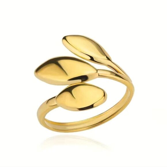 Val Jewelry Jewelry - Simple Leaf Opening Ring Stainless Steel Golden Plated Size 8